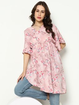 SHOWOFFFF - Womens V-Neck Above Knee Pink Printed Dress