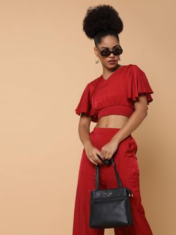 SHOWOFFFF - Womens V-Neck Solid Maroon Co-Ord (Set of 2)