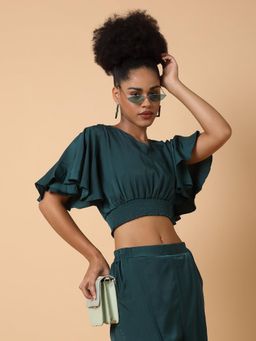 SHOWOFFFF - Womens V-Neck Solid Green Co-Ord (Set of 2)