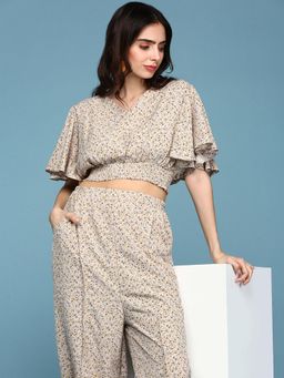 SHOWOFFFF - Womens V-Neck Printed Beige Co-Ord (Set of 2)