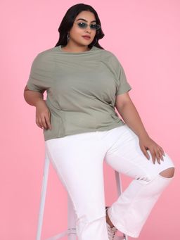 SHOWOFFFF - Womens Half Sleeves Round Neck Olive Solid Top