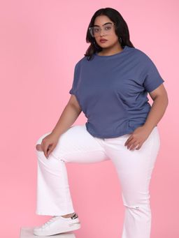 SHOWOFFFF - Womens Half Sleeves Round Neck Blue Solid Top