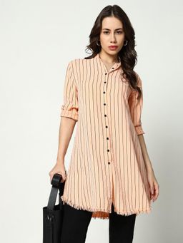 SHOWOFFFF - Womens Mandarin Collar Striped Peach Shirt