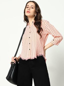 SHOWOFFFF - Womens Club Collar Striped Peach Shirt