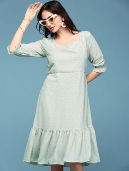 SHOWOFFFF - Womens Printed Square Neck Grey Knee Length Dress