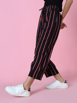 SHOWOFFFF - Women's Mid-rise Black Striped Regular Fit Regular Trousers
