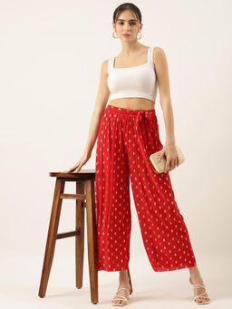 SHOWOFFFF - Women's Printed Red Pleated Parallel Trousers