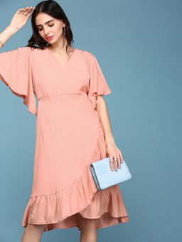 SHOWOFFFF - Women's Solid V-neck Peach Midi Dress