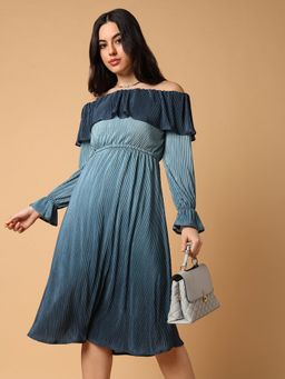 SHOWOFFFF - Womens Off-Shoulder Solid Fit And Flare Teal Dress with Belt (Set of 2)