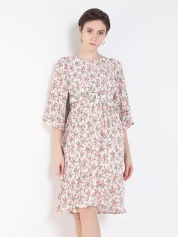 SHOWOFFFF - Womens Round Neck Printed Fit And Flare White Dress with Belt (Set of 2)