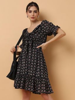 SHOWOFFFF - Womens Above The Off Shoulder Printed Fit And Flare Black Dress