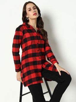 SHOWOFFFF - Womens Spread Collar Checked Red Longline Shirt