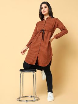 SHOWOFFFF - Womens Shirt Collar Striped Longline Brown Top