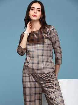 SHOWOFFFF - Womens Round Neck Three-quarter Sleeves Brown Checked Co-ords (Set of 2)