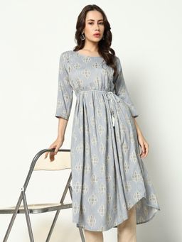 SHOWOFFFF - Womens Round Neck Printed Three Quarter Sleeves Empire Grey Knee Length Dress