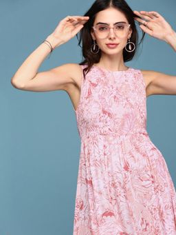 SHOWOFFFF - Womens Round Neck No Sleeves Pink Floral Fit and Flare Dress