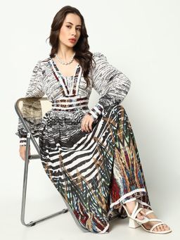 SHOWOFFFF - Women V-Neck Long Sleeves Fit And Flare Abstract Multi Color Midi Dress