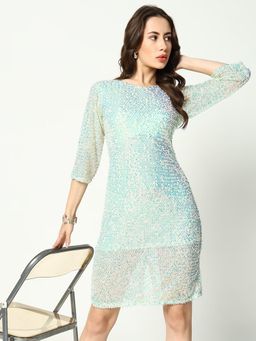 SHOWOFFFF - Women Round Neck Three Fourth Sleeves Bodycon Embellished Sea Green Mini Dress