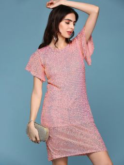 SHOWOFFFF - Round Neck Short Flared Sleeves Bodycon Embellished Peach Above Knee Dress