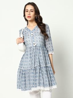 SHOWOFFFF - Women V-Neck Three Fourth Sleeves Empire Paisley Blue Above Knee Dress