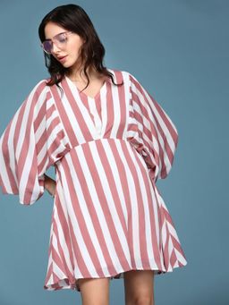 SHOWOFFFF - Women V-Neck Flared Sleeves A-Line Striped Mauve Above Knee Dress