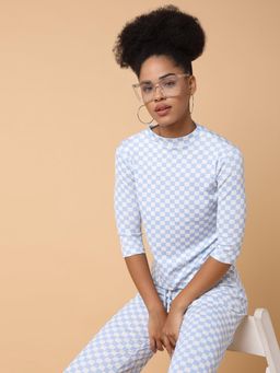 SHOWOFFFF - Womens High Neck Blue Three Quarter Sleeves Checked Co-Ord (Set of 2)
