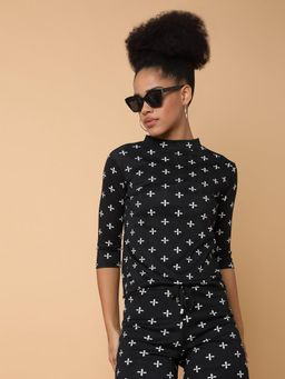 SHOWOFFFF - Womens High Neck Black Three Quarter Sleeves Printed Co-Ord (Set of 2)