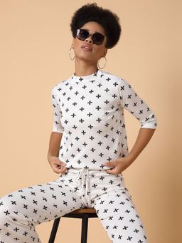 SHOWOFFFF - Womens High Neck White Three Quarter Sleeves Printed Co-Ord (Set of 2)
