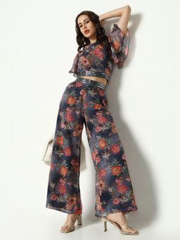 SHOWOFFFF - Womens Round Neck Grey Short Sleeves Printed Co-Ord (Set of 2)