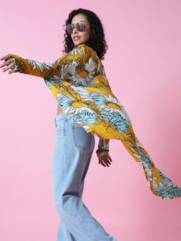 SHOWOFFFF - Women's Long Sleeves Floral Straight Mustard Longline Shrug