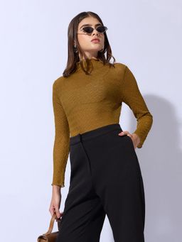 SHOWOFFFF - Basic Women Olive Textured Fitted Top