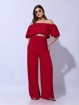 SHOWOFFFF - Women's Red Solid Co-Ord (Set of 2)