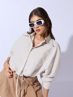 SHOWOFFFF - Beige Stripes Crop Top