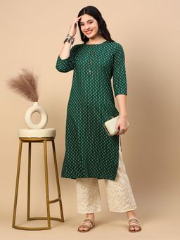SHOWOFFFF - Women's Green Printed Motifs Straight Kurta