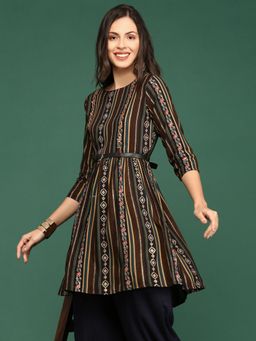 SHOWOFFFF - Women's Multi-Color Floral Anarkali Kurta with Belt (Set of 2)