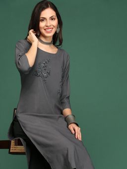 SHOWOFFFF - Women's Grey Thread Work Straight Kurta