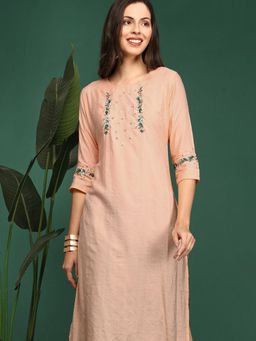 SHOWOFFFF - Women's Peach Embroidered Straight Kurta
