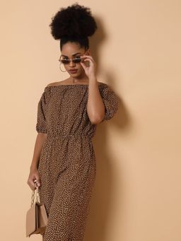 SHOWOFFFF - Women Off-Shoulder Brown Printed Jumpsuit