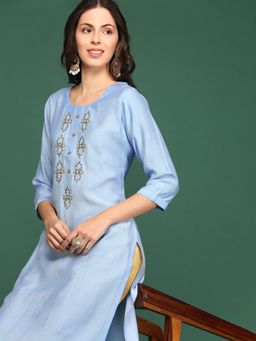 SHOWOFFFF - Women's Blue Embellished Straight Kurta