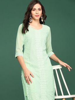 SHOWOFFFF - Women's Sea Green Embroidered Straight Kurta