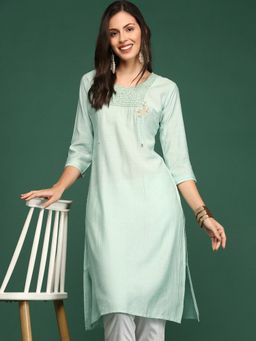 SHOWOFFFF - Women's Sea Green Solid Straight Kurta