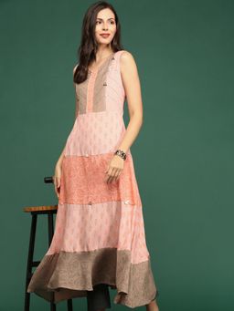 SHOWOFFFF - Women's Pink Colour Blocked Anarkali Kurta