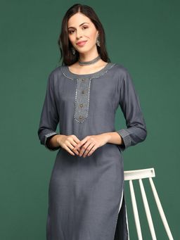 SHOWOFFFF - Women's Grey Solid Straight Kurta