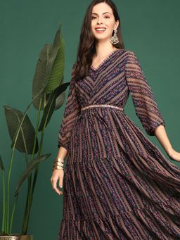 SHOWOFFFF - Women's Navy Blue Floral Anarkali Kurta with Belt (Set of 2)