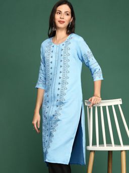 SHOWOFFFF - Women's Blue Ethnic Motifs Straight Kurta