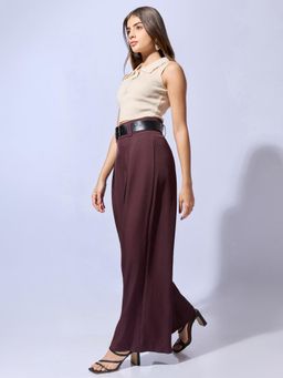 SHOWOFFFF - Women Burgundy Loose Fit Trouser With Belt (Set of 2)