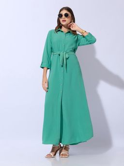 SHOWOFFFF - Women Green Shirt Style Buttons Up Maxi Dress with Waist Tie-Up (Set of 2)