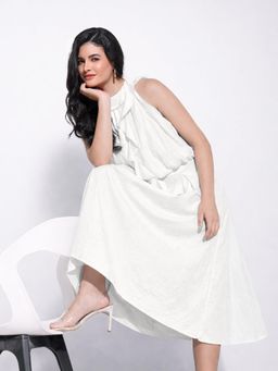 SHOWOFFFF - Women White Ruffle Neck Co-Ord (Set of 2)