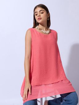SHOWOFFFF - Women's Coral Round Neck Asymmetric Hem Longline Top