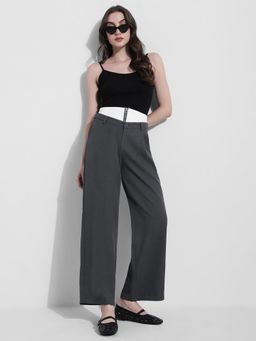 SHOWOFFFF - Edition Womens Grey Pleated Korean Pants with Contrast Button Waistband